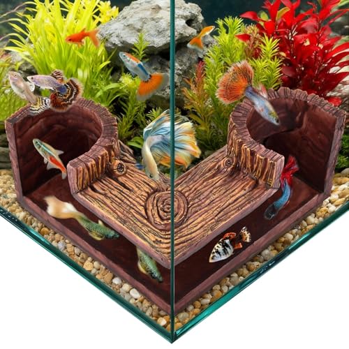 Aquarium Cave, Natural-Looking Wood-Like Fish Tank Cave for Corners, 5.1” x 2” x 2.6” Tunnel Cave & Hideout for Aquarium Guppy, Corydoras Catfish, Bettas Hide