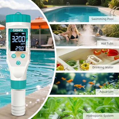 Digital Pool Water Tester, Pool pH Tester, Chlorine Tester & Pool Salt Tester 7 in 1 FAC Digital Salinity Tester for Saltwater Aquarium Sodium Chloride Swimming Pools Hot Tubs Spas - color: Green