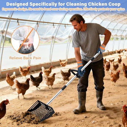 2-in-1 Chicken Poop Scooper & Rake, 10 Inch Coop Sand Sifting Shovel with 37" to 65" Adjustable Stainless Steel Handle, Litter Cleaning Tools with Gloves for Chicken Coop Farm Animals (Black) - color: Black