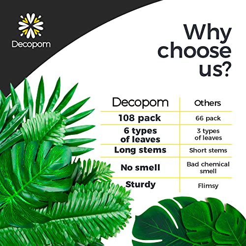 108 Pack Palm Leaves Artificial Tropical Monstera - 6 Kinds Large Small Green Fake Palm Leaf with Stems for Safari Jungle Hawaiian Luau Party Table Decoration Wedding Birthday Theme Party Decorations - style: 108 Pack