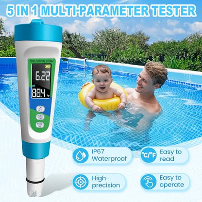 KingSom Pool Salt Tester,Digital Salt Water Pool Tester & PH Tester for Aquarium,High Accuracy Digital Salinity Tester,5 in 1 Salinity PH Temp EC TDS Meter,Pool Water Tester for Swimming Pool Hot Tub