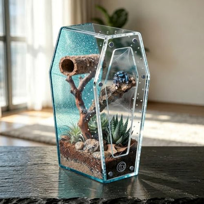 Installation Free Glitter Acrylic Coffin Jumping Spider Enclosure - Gothic Terrarium Habitat with Magnetic Lid, Micro Reptile Breeding Box for Slings, Mantis, Isopods and Small Insects (Glitter Blue) - color: Glitter Blue