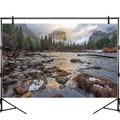 Sunset Winter Mountain Valley Aquarium Background Stormy Clouds Misty Foggy Mountains Fish Tank Background Rocks Pine Trees Wintry Stream River Reptile Tank Enclosure Backgrounds Wallpaper 24x12in - color: Foggy Grey, size: 24(W)x12(H)inches/ 60(W)*30cm(H
