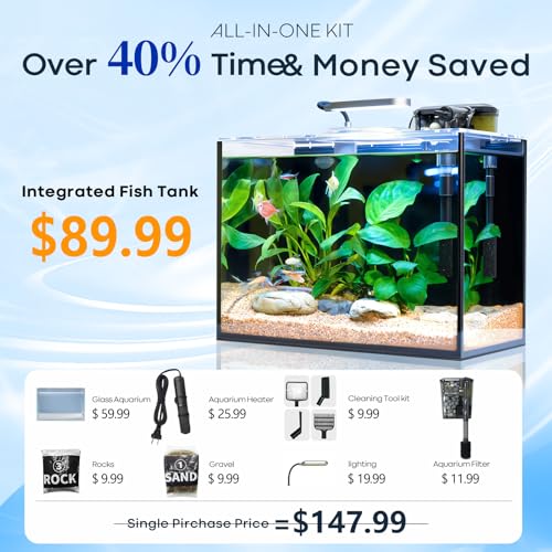 5 Gallon Small Aquarium Set Glass Fish Tank 6 Gallon, Starter Kit with Heater Water Pump Cleaning System Filter Bright Light Rocks Gravel Cleaning Tool, Clear Rimless Betta Plants - size: 5 Gallon
