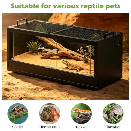 20 Gallon Reptile Tank Front Opening Reptile Terrarium Tank with Breathable Metal Screen Top Reptile Enclosure with Sliding Glass Door Safety Lock for Insects, Lizards, Geckos, Snakes, Small Animals
