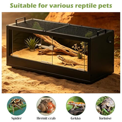 20 Gallon Reptile Tank Front Opening Reptile Terrarium Tank with Breathable Metal Screen Top Reptile Enclosure with Sliding Glass Door Safety Lock for Insects, Lizards, Geckos, Snakes, Small Animals