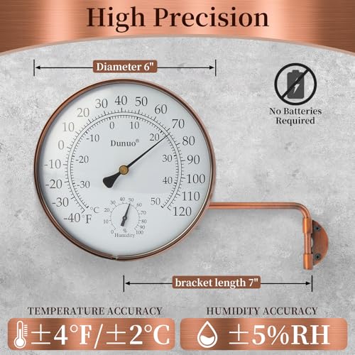 6-Inch Brass Outdoor Thermometer & Humidity Gauge, Easy-Read Dial | Weatherproof Battery-Free Analog Hygrometer, °F/°C Dual Scale, Adjustable Swivel Bracket for Patio, Window & Greenhouse - size: 6inch thermo&hygrometer