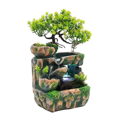 Tabletop Waterfall Fountain Indoor Rockery Stream with LED Lights - Zen Meditation Feature, Automatic Pump & Switch for Home, Office, Bedroom Desk Decoration