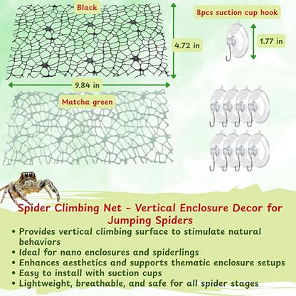 Jumping Spider Tarantula Enclosure Climbing Bridge Decor, Jumping Spider Hideout Rope Bridge 2pcs Climbing Web Net with 8pcs Suction Cups Hook, Accessories For Tarantula Reptile Enclosure (Green)