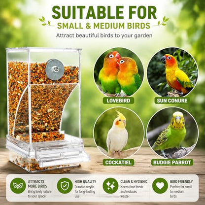 Rypet No-Mess Automatic Bird Feeder, Parakeet Cage Accessories | Transparent Acrylic Food Level Check, Helps Reduce Seed Scatter, for Small Birds Cockatiel Parrot Canary - color: Transparent