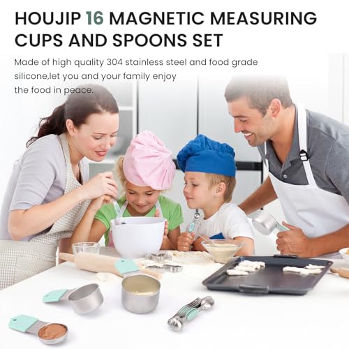 HOUJIP Magnetic Measuring Cups and Spoons Set-304 Stainless Steel,Mint | Double Measurement Markings,BPA-Free,Set of 16 with Leveler for Measuring Dry and Liquid Ingredients - color: Mint