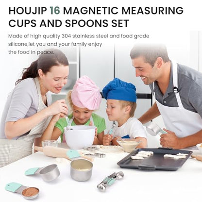 HOUJIP Magnetic Measuring Cups and Spoons Set-304 Stainless Steel,Mint | Double Measurement Markings,BPA-Free,Set of 16 with Leveler for Measuring Dry and Liquid Ingredients - color: Mint