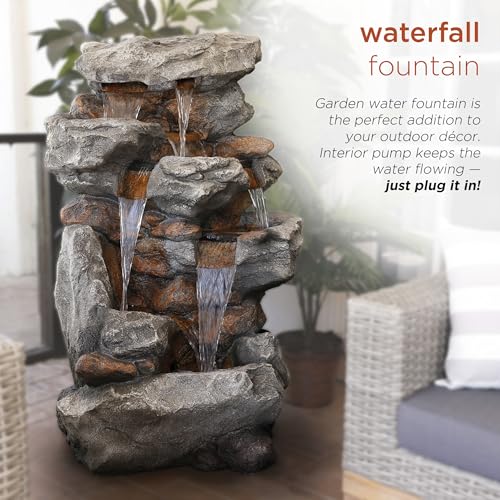 Alpine Corporation WIN730 Outdoor Floor Tiered Rock Waterfall Fountain with LED Lights and Natural Stone Look, 52", Brown - style: 5-Tier 52" H - Cool White LEDs