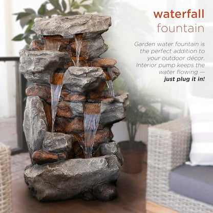 Alpine Corporation WIN730 Outdoor Floor Tiered Rock Waterfall Fountain with LED Lights and Natural Stone Look, 52", Brown - style: 5-Tier 52" H - Cool White LEDs
