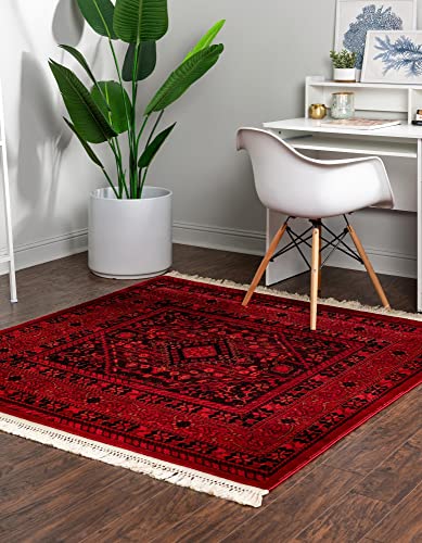 Unique Loom Tekke Collection Area Rug - Sheibani (4' 1" Square, Red/ Black) - size: 4'1" x 4'1" (Square)
