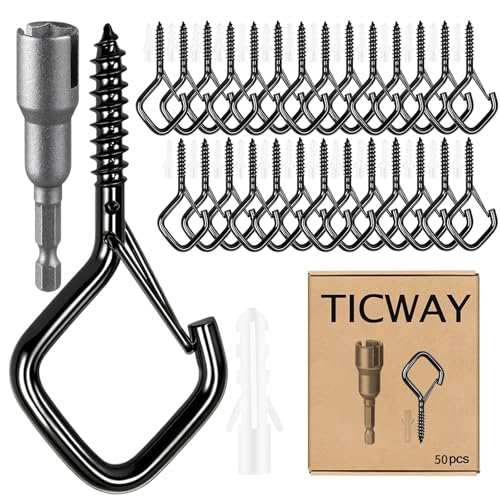 50 Pack Ceiling Hooks with Safety Buckle, Metal Screw in Hooks for Hanging Plants, Outdoor String Lights, Bird Feeders, Wind Chimes, Lanterns & Decorations, Black - color: Black, size: 50