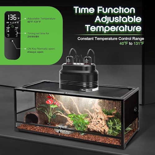 MECESOR Dual Reptile Light Fixture, Double Reptile Heat Lamp Fixture with Independent Thermostat Control & Timer Dimming Function Reflector Dome Lamp Fixture for Bearded Dragon, Lizard Terrarium