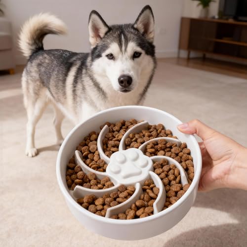 Ceramic Slow Feeder Dog Bowl, 3 Cup Dog Food or 25oz Water, Slow Eating Bowl for Middle Breed, Maze Puzzle Feeder for Fast Eaters, Anti-Choking Stop Bloat, Non-Slip BPA Free (White) - color: White