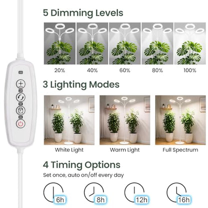 LBW 3-Head Grow Light with Stand for Indoor Plants, Full Spectrum Grow Light for Tall Large Plants, Adjustable Height up to 68", Auto Cycle Timer 6/8/12/16H, 5-Level Dimming, 3 Lighting Modes,White - size: 3 Head 6.3" White