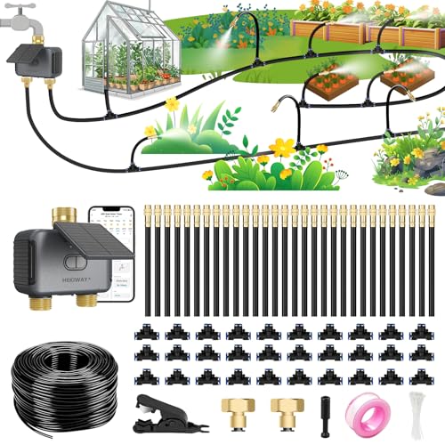 120FT WiFi Solar Drip Irrigation System, Dual Zone Timer | App Control, Solar and USB Power, Dual-Zone Watering for Garden, Greenhouse, Patio, Balcony and Potted Plants - size: 120-Foot Dual-Tube Brass Solar Wireless Timer