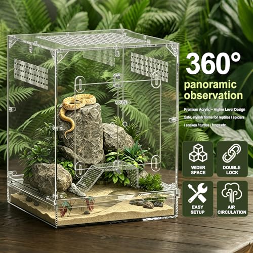 12x12x16 Acrylic Reptile Terrarium, Large Reptile Enclosure with Watertight Bottom, 10 Gallon Clear Reptile Tank with Front Opening Doors, High Ventilation Habitat Breeding Cage for Turtle Gecko Frog