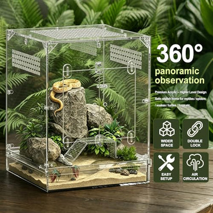 12x12x16 Acrylic Reptile Terrarium, Large Reptile Enclosure with Watertight Bottom, 10 Gallon Clear Reptile Tank with Front Opening Doors, High Ventilation Habitat Breeding Cage for Turtle Gecko Frog