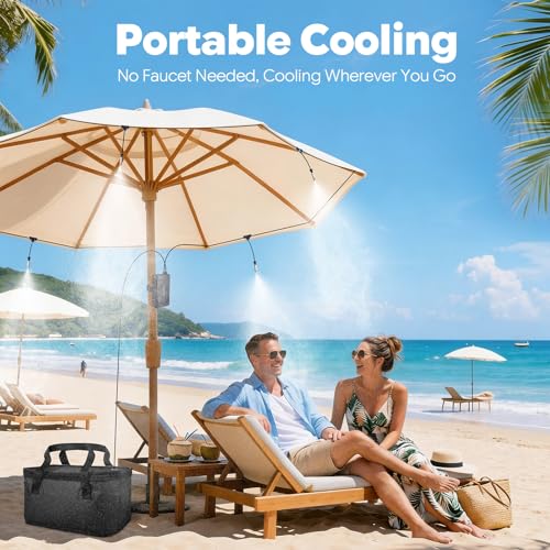 Portable Misting System, 12,000mAh Pump | 20L Water Bucket, Misting Hose, 4 Brass Nozzles, Outdoor Cooling Misters for Canopy Camping Golf Cart Dugout - size: with Hanging Mister