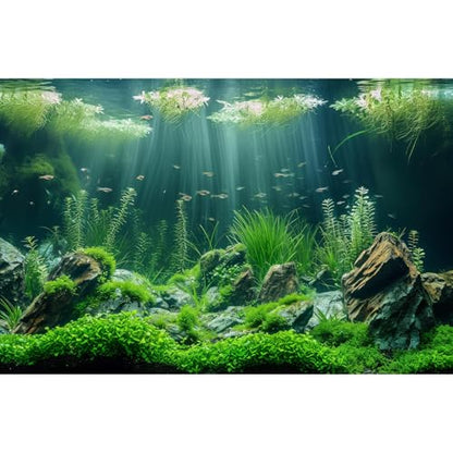 Underwater Aquarium Background Lush Green Aquatic Plants Fish Tank Background Rocks Stones with Moss Under The Sea Terrarium Background Tropical Underwater World Theme Aquarium Backdrop 24x12in - color: Green, size: 24(W)x12(H)in