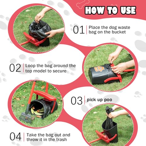 HUZSV Dog Pooper Scooper with Bag Attachment&Swivel Bin | Heavy Duty Metal Rake and Spade Set,Non-Breakable Poop Scoop for Large & Small Dogs ,100 Waste Bags for Grass, Dirt & Gravel