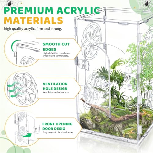 Large Jumping Spider Enclosure, 12x6x6 Inch Acrylic Tarantula Enclosure, Jumping Spider Accessories with Front Opening Door for mantises, Lizards, Frogs and Insects