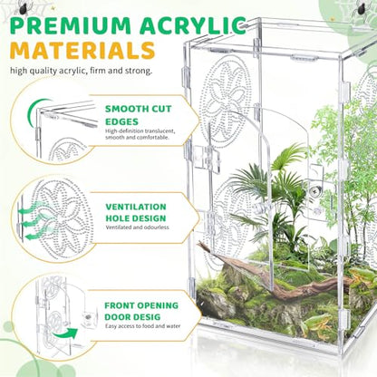 Large Jumping Spider Enclosure, 12x6x6 Inch Acrylic Tarantula Enclosure, Jumping Spider Accessories with Front Opening Door for mantises, Lizards, Frogs and Insects