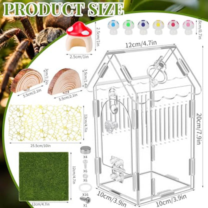 Hysagtek Jumping Spider Enclosure, Acrylic Arboreal Tarantula Enclosure Small Reptile Terrarium with Magnetic Door, Clear Jumping Spider Enclosure Accessories