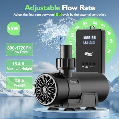 hygger 15W-100W Water Pump with Controller (Up to 3430GPH), Submersible/Inline Return Pump with Adjustable Mode/Flow, 2 Fountain Pump with 2 Inlet Cover and 3 Nozzles, for Fish Tank, Pond, Aquarium - size: 1720GPH-55W
