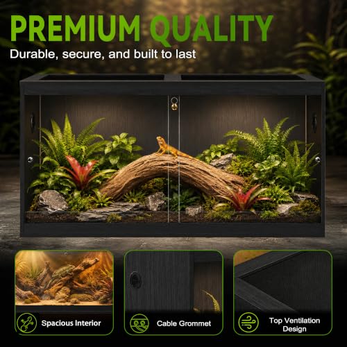 120 Gallon Reptile Tank, Bearded Dragon Tank, 4x2x2 Reptile Enclosure with Clear Tempered Glass Side Panels, Front Sliding Doors and Ventilated Mesh Roof, Black - color: Black