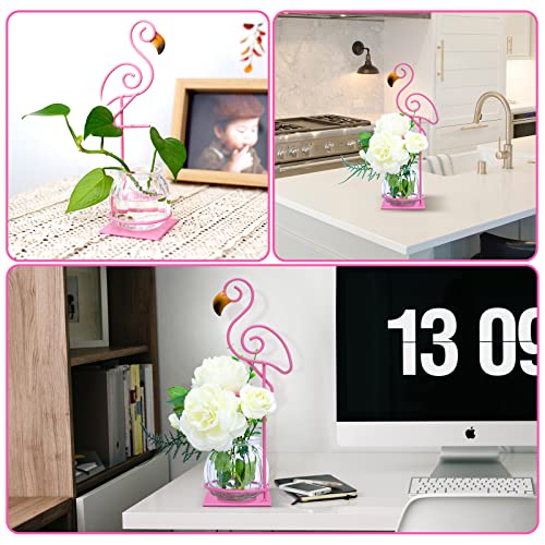 Tabletop Pink Flamingo Planter Propagation Station, Glass Vase Metal Stand | Cute Flamingo Metal Holder, Gift for Flamingo Lovers, Plant Terrarium, Home Office Accent, Great for Small Plants& Cuttings - color: Pink Flamingo