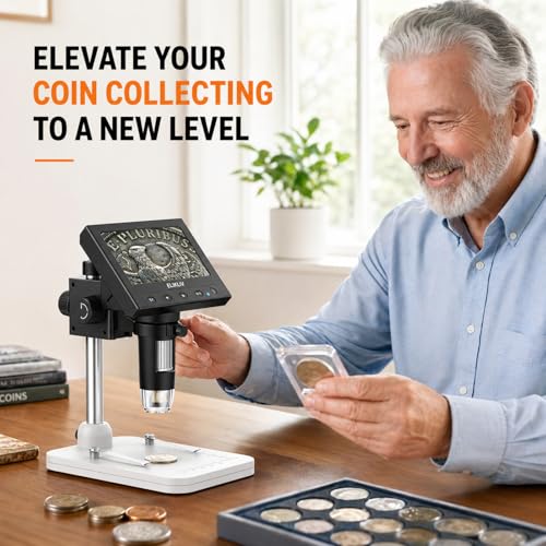 Elikliv Microscope, LCD Digital Coin Microscope 1000x, Coin Magnifier with 8 Adjustable LED Lights, PC View Compatible with Windows/MacBook, EDM4, 4.3-Inch - color: White