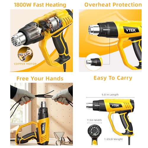 Heat Gun 1800W Hot Air Gun140℉-1202℉ Fast Heating Variable Temperature Control with 4 Nozzles for Shrinking PVC,Stripping Paint,Vinyl Wrap