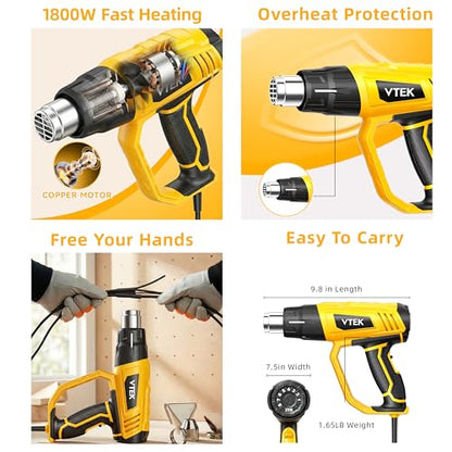 Heat Gun 1800W Hot Air Gun140℉-1202℉ Fast Heating Variable Temperature Control with 4 Nozzles for Shrinking PVC,Stripping Paint,Vinyl Wrap