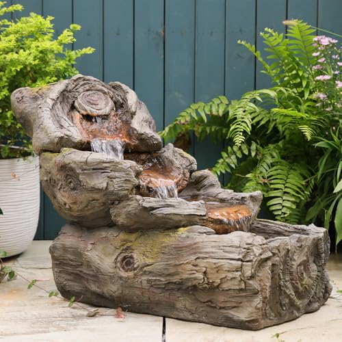 Sunlinua 24H L Tree Trunk Outdoor Water Fountain with 3 Tiers | Cascading Waterfall Fountains with LED Lights Outdoor Water Fountain for Garden Patio Backyard Porch Home Decor - color: Gray-4049, size: 33H