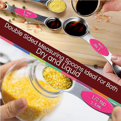 Magnetic Measuring Spoons Set of 9 Stainless Steel Dual-Sided Stackable Measuring Spoon Nesting Teaspoons Measuring Dry and Liquid Ingredients, Fits in Spice Jars Set of 9 (Pink) - color: Pink