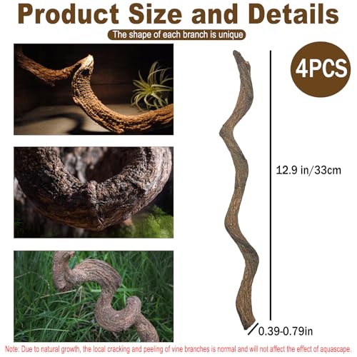 Reptile Decor 4PCS Natural Forest Branch Terrarium Habitat Wood Decoration Lizard Climbing Tree Branch for Bearded Dragon Gecko Snake Frog Chameleon Spider