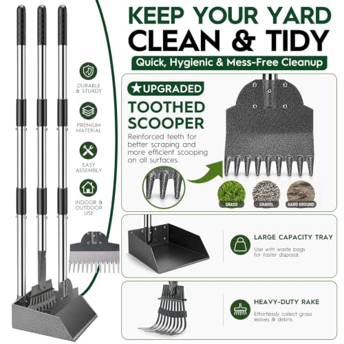 Dog Pooper Scooper for Large Dogs，9.1" X9.5"，Oversized Tray，pooper scooper | Free with two extension rods，Reduce the frequency of garbage trips，for Large, Medium, Small Dogs - size: Large 3‑Pc Set