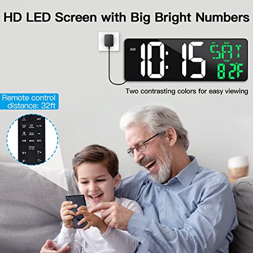 17" Large Digital Wall Clock with Remote, Auto Dimmer, Date Temp, Timer | Large clear display, Snooze function, Count up and down timer, Suitable for Living Room, Office, Gym Indoor Spaces - color: Green + White