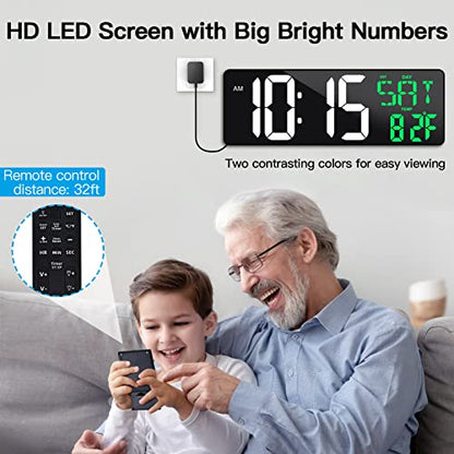 17" Large Digital Wall Clock with Remote, Auto Dimmer, Date Temp, Timer | Large clear display, Snooze function, Count up and down timer, Suitable for Living Room, Office, Gym Indoor Spaces - color: Green + White