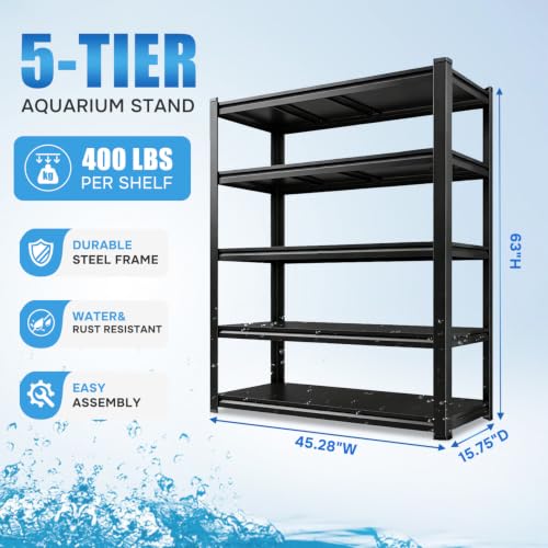 Aquarium Stand Fish Tank Stand 1600LBS Metal Shelving Adjustable Heavy Duty Storage Shelves Display Shelves Utility Shelf for Turtle Tank, Reptile Terrarium, 63" H×45.28" W×15.75" D, Black - size: 63" H×45.28" W×15.75" D