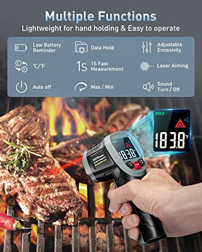 Eventek Infrared Thermometer Gun, [3 in 1] -58°F~1112°F (-50°C~600°C) Digital Laser Temperature Gun for Cooking, Pizza Oven, Grill & Engine with Adjustable Emissivity, Meat Thermometer & Bag Included