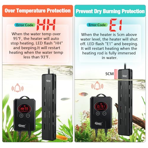 hygger Aquarium Heater,Submersible Fish Tank Heater 100W/200W/300W/500W/800W/1000W/1200W with Digital LED Controller,Memory Function,Auto Shut Off Protection,Heater for Saltwater Freshwater Fish Tank - size: 100W for 15-40 Gallon