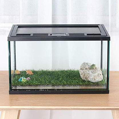 Frogs Glass Terrarium Feeding kit Tank, 15.7×11×9 inches, for Reptile Amphibians, Insect, Horned Frogs, Waterweed Prairie Style Habitat, with Green Artificial Turf Pad, Natural Volcanic Rock | Mesh Top Ventilation, Feeding Port, Lockable Lid, For Small Ho