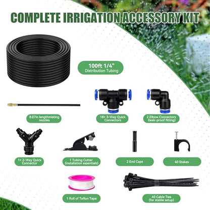 100FT Drip Irrigation Kit System for Garden 360° Adjustable Garden Sprinklers for Yard Watering System with 18 Nozzles Raised Bed Greenhouse Plant Watering Devices Misting System - size: 100FT + 18pcs nozzles and connectors