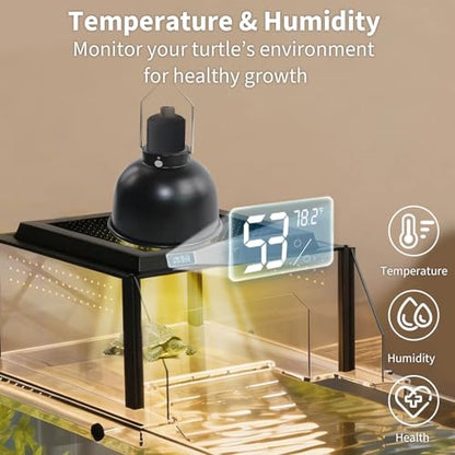 Turtle Basking Platform, Fits 10–13.5" Wide Tanks, Temp Humidity Gauge | Clear Acrylic Turtle Dock, Flip-Open Lid, Non-Slip Ramp & Escape-Proof - size: Fit 10-13.5 Inchs Wide